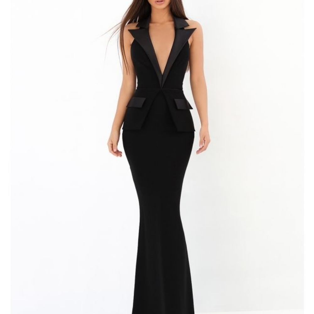 Brand new black Tarik Ediz Plunging Tuxedo Gown